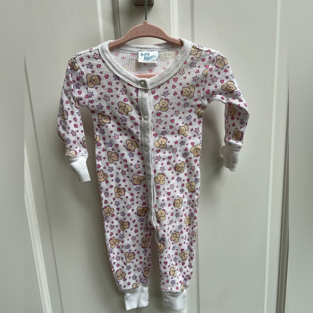 Baby B’Gosh 6M White & Pink Teddy Bear Thermal Long Sleeve Girls Footie Pajamas